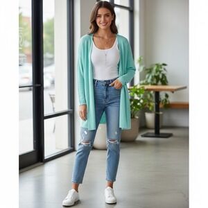 Eileen Fisher Open Front Cardigan Sweater Aqua Teal M Linen‎ Cotton Blend Spring